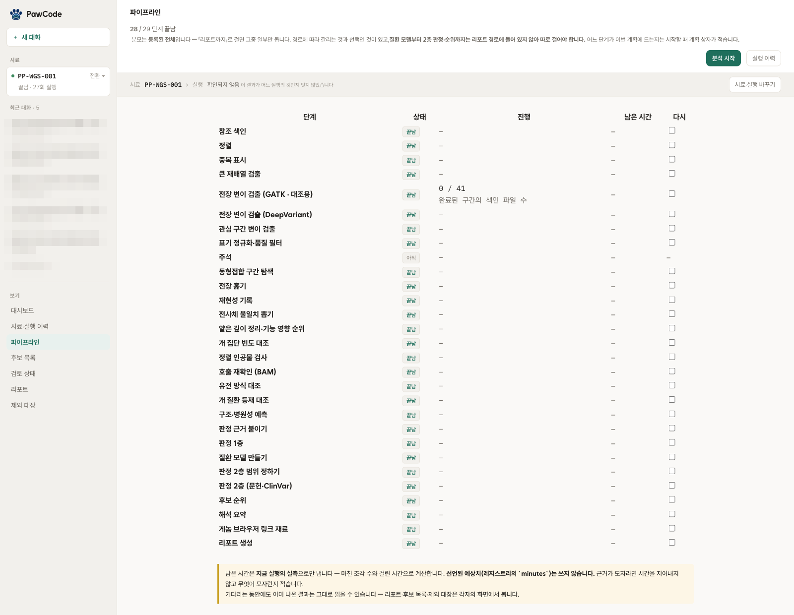 PawCode 파이프라인 29단계 화면