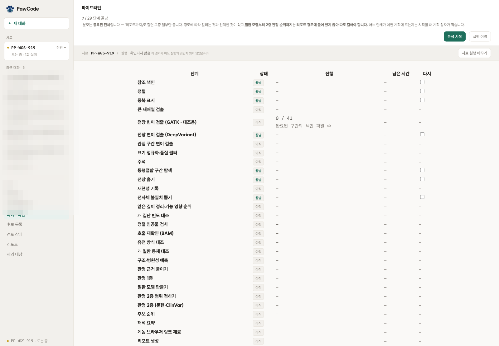 실행 중인 파이프라인의 단계별 상태